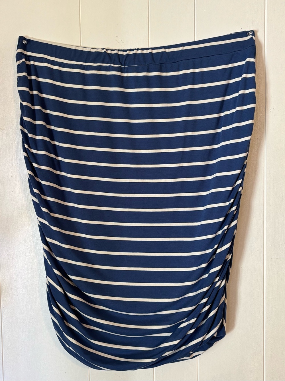 Striped Navy and White Knit Pencil Midi Skirt